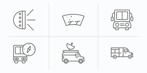 Poster - mechanicons outline icons set. thin line icons such as car light, glass wiper, big bus front, bus with compass, van an antenna, van side view vector.