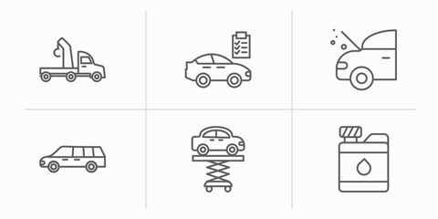 Poster - mechanicons outline icons set. thin line icons such as car crane, car repair check, car with heat problems, limousine side view, lifter, water tank for vehicles vector.