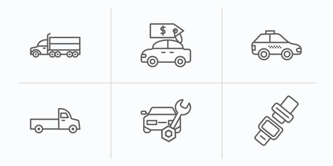 Poster - mechanicons outline icons set. thin line icons such as transportation truck, car for sale, taxi facing left, pick up truck, car repairing, car seat belt vector.