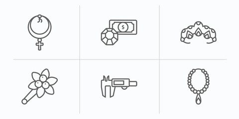 Poster - jewelry outline icons set. thin line icons such as anj, pawn shop, tiara, brooch, measurement, pearl necklace vector.