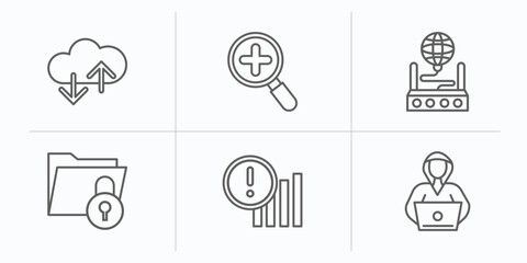 Poster - internet security outline icons set. thin line icons such as cloud, medical research, internet connection, file security, connection error, hacker vector.