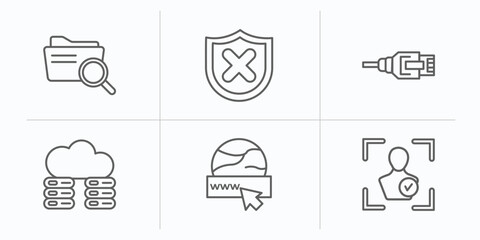 Poster - internet security outline icons set. thin line icons such as data search, hub, ethernet, cloud server, domain, facial recognition vector.