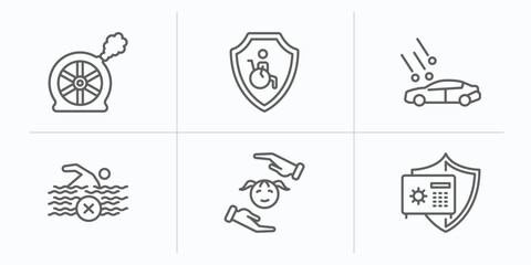 Poster - insurance outline icons set. thin line icons such as puncture in a wheel, disabled, hail on the car, risk pool, child, bank safe vector.