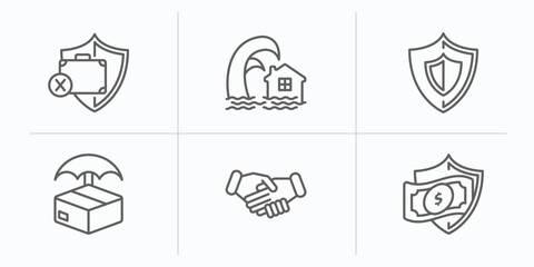 Poster - insurance outline icons set. thin line icons such as unemployed, tsunami insurance, safe, delivery insurance, shake hands, money vector.