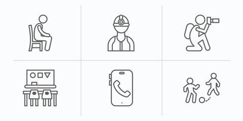 Poster - humans outline icons set. thin line icons such as sitting down, construction worker, nature photographer, classroom, smartphone call, playing with a ball vector.