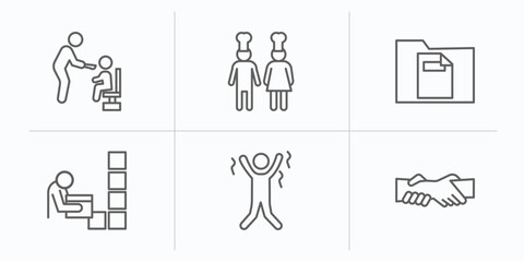 Poster - humans outline icons set. thin line icons such as feeding, cooker couple, single file, storekeeper, happy man, helping vector.