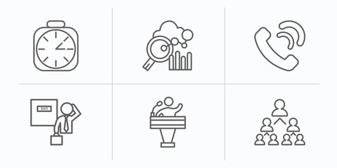 Poster - human resources outline icons set. thin line icons such as timing, benchmarking, call, exit interview, candidate, company structure vector.