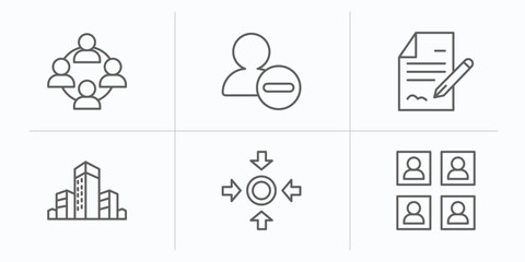 Poster - human resources outline icons set. thin line icons such as work team, remove user, contract, company, meeting point, candidates vector.