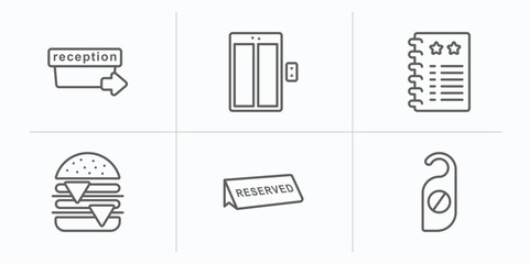 Poster - hotel and restaurant outline icons set. thin line icons such as check out, elevator, agenda, cheese burger, reserved, doorknob vector.