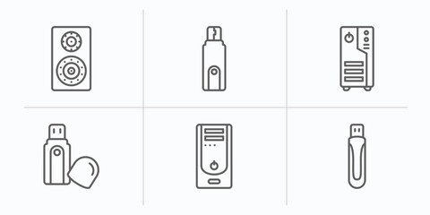Poster - hardware outline icons set. thin line icons such as loudspeakers, flash card, computer case, pendrive with cover, system unit, usb flash vector.