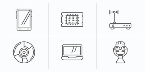 Poster - hardware outline icons set. thin line icons such as big tablet, big processor, hardware hotspot, , laptop screen, radio mic vector.