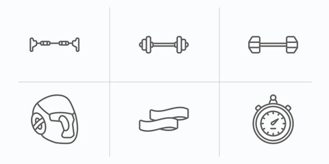 Poster - gym and fitness outline icons set. thin line icons such as horizontal bar, lifting barbell, dumbbells exercise, headgear, resistance band, big stopwatch vector.