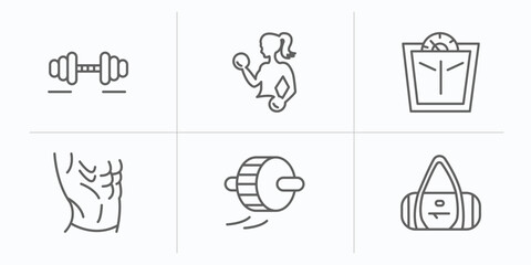 Poster - gymandfitness outline icons set. thin line icons such as workout, fitness, scale, press, roller, sport bag vector.