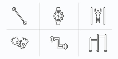 Poster - gym and fitness outline icons set. thin line icons such as exercise bands, training watch, exercise hang bar, fitness gloves, arms extender, gym ladder vector.