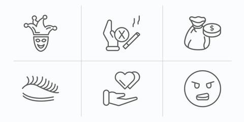 Poster - gestures outline icons set. thin line icons such as joker face, give up smoking, money bag of dollars, eyelash, charity donation, dissatisfaction vector.