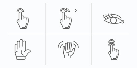 Poster - gestures outline icons set. thin line icons such as hand pointer, drag right, eyelashes, hand up, greetings, drag up vector.