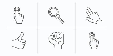 Poster - gestures outline icons set. thin line icons such as pressing, look up, gestures, thumb finger up, hand gesture, drag down vector.
