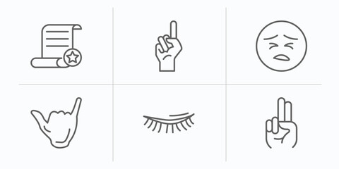 Poster - gestures outline icons set. thin line icons such as decree, finger up, sad face, surfing, eyelid, two fingers up vector.