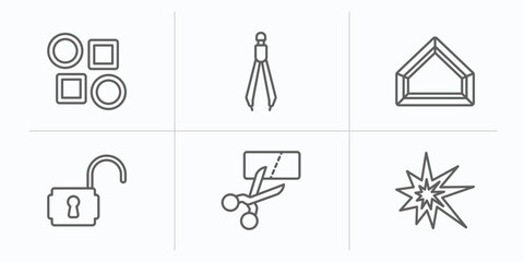 Poster - geometry outline icons set. thin line icons such as array, construction, base, unlock, cut, explode 