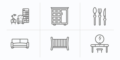 Poster - furniture & household outline icons set. thin line icons such as livingroom, drawers, silverware, davenport, crib, lowboy vector.