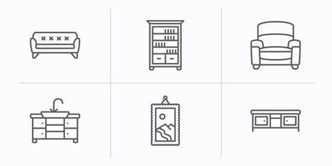 Poster - furniture outline icons set. thin line icons such as sofa, bookshelve, armchair, kitchen sink, frame, tv table vector.