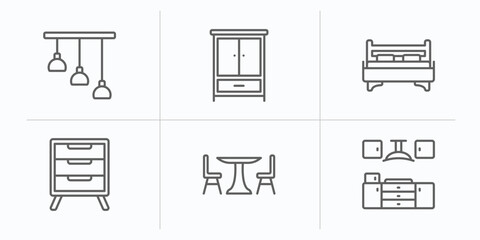 Poster - furniture outline icons set. thin line icons such as chandelier, clo, bed, bedside table, table with chair, kitchen furniture vector.