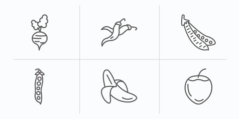 Poster - fruits and vegetables outline icons set. thin line icons such as beetroot, chili, pea, peas, banana, hazelnut vector.