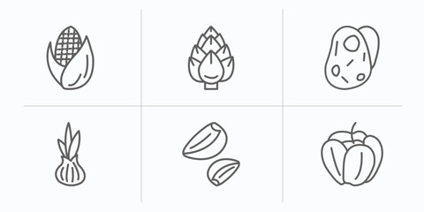 Poster - fruits and vegetables outline icons set. thin line icons such as corn, artichoke, potatoes, onion, garlic, paprika vector.