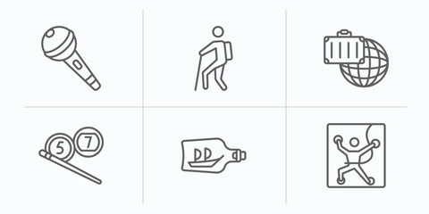 Poster - free time outline icons set. thin line icons such as karaoke, trekking, traveling, billiard, ship in a bottle, climbing vector.