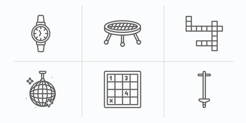 Poster - free time outline icons set. thin line icons such as watches, jumping, crossword, disco ball, sudoku, pogo stick vector.