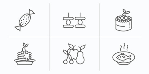 Poster - food outline icons set. thin line icons such as toffee, canape, fruit cake, pancake, fruits, fish fo