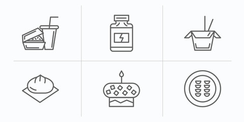Poster - food outline icons set. thin line icons such as hamburger and drink, protein container, chinese food box, wonton, cake with one candle, guotie vector.