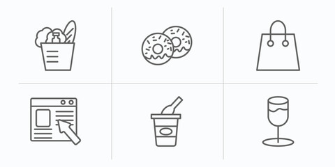 Poster - fast food outline icons set. thin line icons such as groceries, doughnut, paper bag, ordering, yogurt, alcoholic drink vector.
