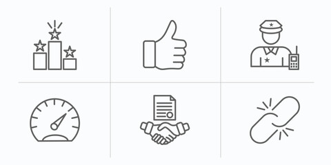 Poster - ethics outline icons set. thin line icons such as competitive, thumbs up, guard, gauge, agreement, connect vector.