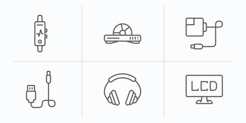 Poster - electronic devices outline icons set. thin line icons such as activity tracker, dvd player, magsafe, connector, earphones, lcd vector.