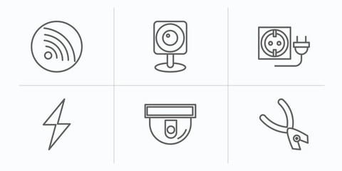 Poster - electrian connections outline icons set. thin line icons such as wireless internet, web camera, wall socket, electricity, cctv, pliers vector.