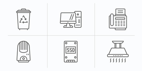 Poster - electronic devices outline icons set. thin line icons such as trash compactor, personal computer, fax hine, air purifier, ssd, exhaust hood vector.