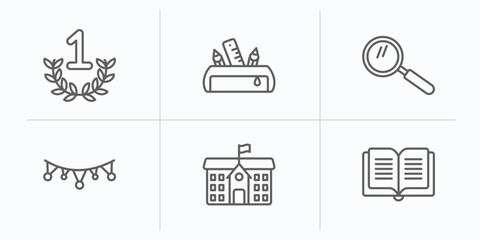 Poster - education outline icons set. thin line icons such as proud, pencil case, magnifying glass, garland, 