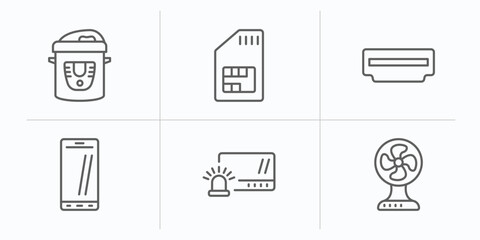 Poster - electronic devices outline icons set. thin line icons such as pressure cooker, sim, hdmi, phones, burglar alarm, electric fan vector.