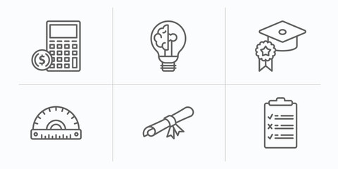 Poster - education outline icons set. thin line icons such as calculator and dollar, intellectual, quality ed