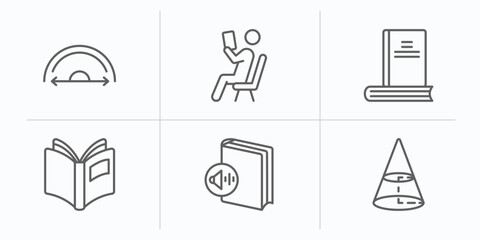 Poster - education outline icons set. thin line icons such as semicircles, leisure, hardbound book variant, open book black cover, muted book, cone geometrical vector.