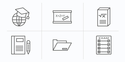 education outline icons set. thin line icons such as international graduate, blackboard eraser, math book, closed book with marker, black folder, final test vector.