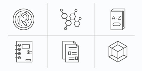 Poster - education outline icons set. thin line icons such as parasites, chemical content, 3d dictionary, notebook with bookmark, folded written paper, 3d de vector.