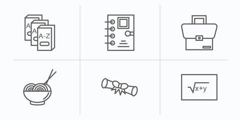 Poster - education outline icons set. thin line icons such as three books, school agenda, case, mie, diploma roll, square root in class vector.