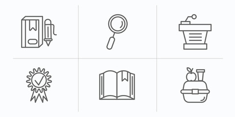 Poster - education outline icons set. thin line icons such as book with marker, magnification lens, classroom tribune, diploma with seal, book with bookmark, lunchbox vector.