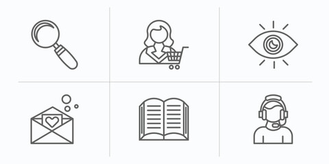 Wall Mural - customer service outline icons set. thin line icons such as loupe, customer, eye, love letter, open book, customer service vector.