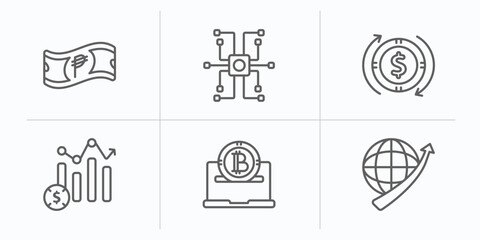 Poster - cryptocurrency outline icons set. thin line icons such as peso, decentralized, dollar reload, profit, e-business, economy vector.
