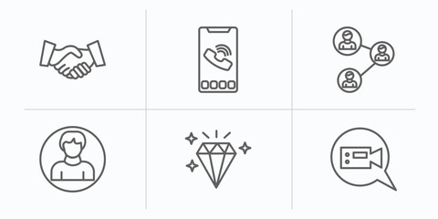 Poster - customer service outline icons set. thin line icons such as handshake, phone call, connection, user, diamond, video call vector.