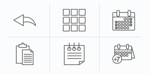 Poster - content outline icons set. thin line icons such as reply, thumbnails, weekend, paste, note, next week vector.