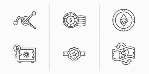 Poster - cryptocurrency outline icons set. thin line icons such as market trends, casino chips, , proof of stake, best seller, currency circulate vector.